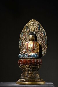 ◆古寳堂◆明 宣德年製款 銅製 金鍍 彩繪 釋迦摩尼像 仏教古美術 供養品 極細工 古置物 古擺件 中国古美術 時代物 古董品