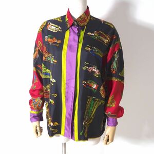 4-SK016 ジャンニヴェルサーチ GIANNI VERSACE シルク ヴィンテージ カフスボタン シャツ マルチカラー 40 正規品 レディース