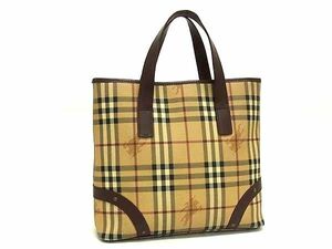 1円 ■美品■ BURBERRY バーバリー ノバチェック PVC×レザー ハンドバッグ トートバッグ レディース ベージュ系×ブラウン系 AZ5786