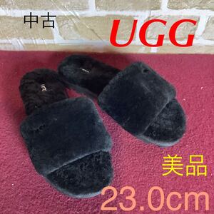 【売り切り!送料無料!】A-295 UGG!ボアサンダル!黒!23.0cm!ふわふわ!暖かい！おしゃれ!可愛い!美品!中古!