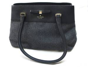 【送900円】4231　Kate Spade　ケイトスペード　レディース　ハンドバッグ　ミニトートバッグ　ウール地切替　黒×グレー　ロゴ　リボン