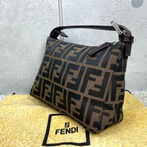 1円~[外観極美品] FENDI フェンディ ズッカ柄 アクセサリーポーチ バニティポーチ ハンドバッグ 本革+キャンバス ロゴ金具 保存袋付