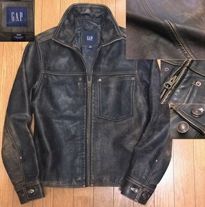 希少 OLD GAP オールドギャップ 90s 牛革 レザー ヴィンテージ加工 ジップ ジャケット メンズ M 茶 ブラウン ライダース スポーツ