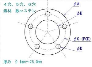 オーダーメイド製作　ホイールスペーサー4,5,6穴　厚み0.1ｍｍ～25.0ｍｍ　鉄、ステン　レーザーカット　ワンオフ