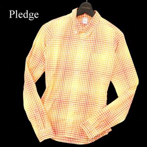 Pledge プレッジ 通年 長袖 ボタンダウン チェック★ シャツ Sz.48　メンズ 日本製 黄　C3T01650_3#A