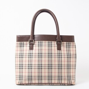 BURBERRY バーバリー ノバチェック キャンバス×レザー ハンドバッグ トートバッグ ライトベージュ系 ブラウン 金具 通勤