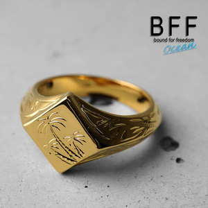 BFF ブランド パームツリー 印台リング スモール 小ぶり ゴールド 18K GP 菱形 手彫り 専用BOX付属 (19号)