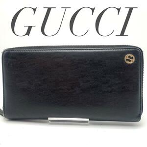 1円【入手困難品】GUCCI グッチ インターロッキング ラウンドファスナー ジッピーウォレット 長財布 黒 ブラック メンズ