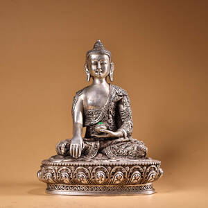 【古寶奇蔵】銅製・銀鍍・寶石嵌・釋迦牟尼像・置物・賞物・中国時代美術