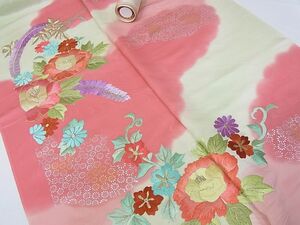 着物おきな★振袖　反物　解き反物　着尺　駒絽繍　総刺繍　草花文　金銀糸　正絹★yy1246