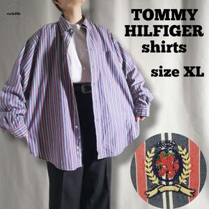 90s TOMMY HILFIGER トミーヒルフィガー 長袖シャツ ストライプシャツ ボタンダウン 刺繍ロゴ メンズ XL マルチカラー 古着 /2974