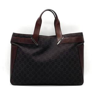 1円 美品 GUCCI グッチ GGキャンバス レザー ダークブラウン トートバッグ ハンドバッグ 73982