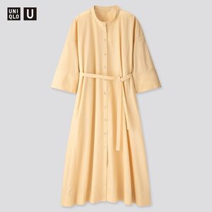 【新品・S/M・クリーム】ユニクロ×ルメール Uniqlo U ユニクロユー スタンドカラーシャツワンピース 7分袖 ゆとりあるシルエット イエロー