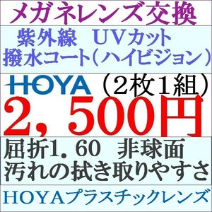 ◆特別価格◆ＨＯＹＡ レンズ交換 中屈折率 1.60 非球面 単焦点レンズ 撥水コート ＵＶカット 5 HY02