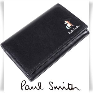 新品1円～★ポールスミス Paul Smith 牛革レザー名刺入れ カードケース 黒 ブラック マーケトリーストライプラビット 本物 ◆4178◆