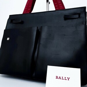 1円■超美品■BALLY バリー 自立 ロゴ バイカラー トートバッグ ビジネス ブリーフケース 大容量 A4可 メンズ レディース レザー ブラック