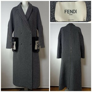 1円スタートフェンディ グレー FENDI ロングコート ポケットファー ミンクファー チェスターコート アウター グレー ダブルブレスト ウール