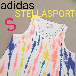 【超美品】adidas STELLASPORT アディダス　ステラスポーツ　 タンクトップ ノースリーブ ホワイト　総柄　裏メッシュ　レディースS