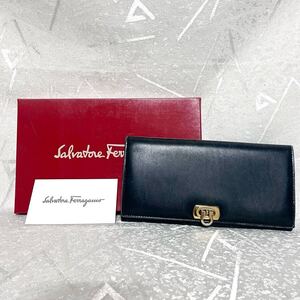 【Salvatore Ferragamo/フェラガモ】222035 ガンチーニ レザー 長財布 ウォレット 小銭入れ 札入れ ネイビー/紺系