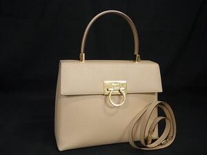 1円 ■美品■ Salvatore Ferragamo フェラガモ BA 21 0290 ガンチーニ レザー 2WAY ハンドバッグ ショルダー ライトベージュ系 FK0693