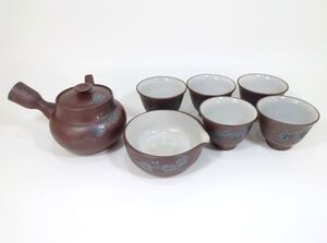 【希少】 萬古焼名工 『 清水酔月 』 作　 銀絵ツタ文　茶器　急須 湯冷まし 湯呑み　茶注 茶器 煎茶器 細密細工　本物保証　K241118273R