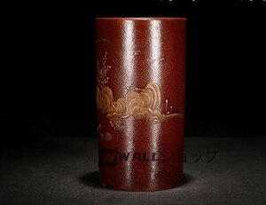 極上品強くお勧め★ ◆紫砂紫泥鉢山水レリーフ角鉢