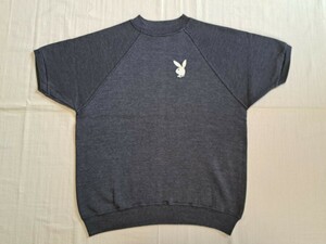 ■【◎状態良◎】70’s～♪VINTAGE USA PLAY BOY (プレイボーイ) バニーヘッドフェルトプリント 半袖スウェット スミ黒 【XL→M～L相当】■