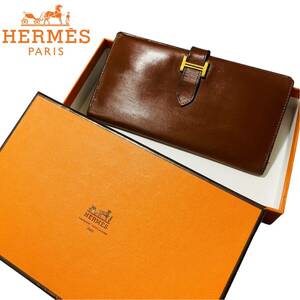 【HERMES】べアン スフレ カーフレザー/牛革 ブラウン/濃茶 エルメス ゴールド金具 二つ折り長財布 マチ無し コンパクト ユニセックス 良品