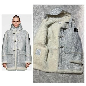 96万 STONE ISLAND 2022AW Vitrified Sheepskin ストーンアイランド ガラス加工 シープスキン ムートン シアリング フード コート M グレー