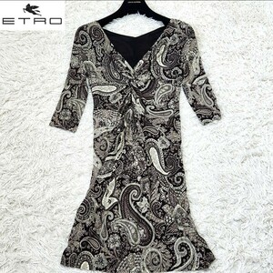 1円【美品】ETRO エトロ ひざ丈ワンピース 38 Mサイズ ペイズリー ストレッチ グレー 総柄 ワンピース 長袖 イタリア製 タイトシルエット