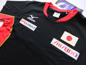 Ｓサイズ 体操 日の丸 JAPAN 日本代表 半袖シャツ スポンサーエンブレム付き トレーニング Tシャツ ミズノ 黒×赤 （身長162～168cm）