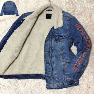 美品希少 L相当 アバクロンビーアンドフィッチ Abercrombie＆Fitch デニムジャケット 裏ボア メンズ Gジャン ロゴ刺繍 インディゴ used加工