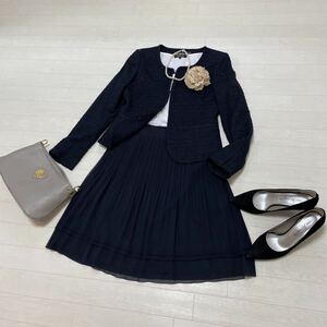 Reflect リフレクト レディース フォーマル スカートスーツ ツイード プリーツ シフォン ネイビー 紺 卒業式 式典 日本製 サイズ7-9 美品