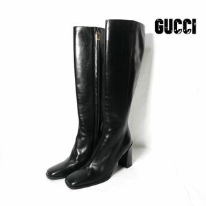 未使用 訳アリ GUCCI グッチ 36.5 約23.5㎝ チャンキーヒール スクエアトゥ ジョッキーブーツ ロングブーツ レザー 黒 ブラック