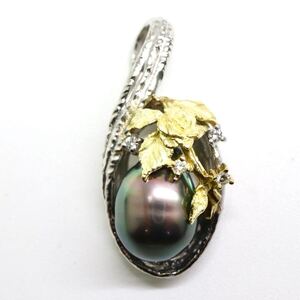 1円〜!!▲Pt900/K18 南洋黒蝶真珠/天然ダイヤモンドペンダントトップ▲J 約8.5g pearl pendant jewelry EC7/EC7 C210