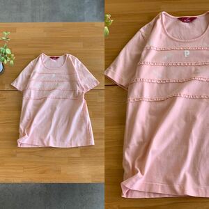 PINK HOUSE ピンクハウス ロゴプリントフリルラインコットンTシャツ 綿100%半袖トップス クルーネックカットソー かわいい ピンク色系 L
