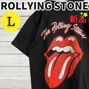 ★新品未使用★ローリングストーンズ The Rolling StonesバンドTシャツ 半袖 ロックTシャツ コットン プリント ブラック 黒 Lサイズ2614