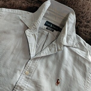 POLO Ralph Lauren ③【大人のアメカジ】ポロラルフローレン 長袖シャツ オックスフォード ストライプ ブルー ロゴ刺繍 ボタンダウン L相当