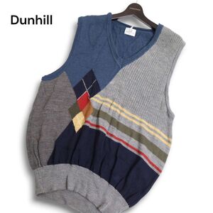 Dunhill ダンヒル 秋冬 ウール100％★ ロゴ刺繍 アーガイル 切替 Vネック ニット ベスト Sz.EL メンズ グレー　C4T10213_B#N