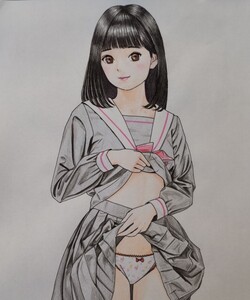 手描きイラスト 色鉛筆画 A4サイズ セーラー服セミロングボブ スカート捲りパンツ