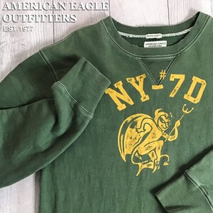 ★状態良好!!★正規品★【AMERICAN EAGLE アメリカンイーグル】ダメージ加工 デビル 長袖 スウェットシャツ[メンズ M]緑 カーキ NY K2-187