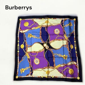 Burberrys バーバリー シルク スカーフ ノバチェック 時計柄 希少 パープル系 ブルー ブラック 大判 約77.5×77.5cm マルチカラー 絹100% 