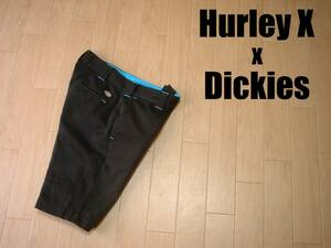 希少Hurley X別注DickiesコラボワークショートパンツW32正規ハーレーダブルネームディッキース黒ブラックハーフショーツ