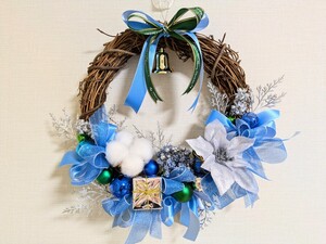 値下げ中！◇ブルー系のXmasリース◇ラメ仕様のオーナメントで華やかに。プレゼントにもどうぞ　Flower art 花音