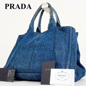 1円 PRADA プラダ カナパ ハンドバッグ トートバッグ 三角ロゴ デニム インディゴ　青系 コットン キャンバス A4 大容量 白タグ 正規品