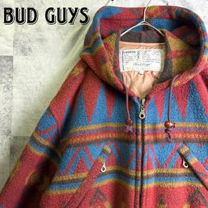 希少 美品 90s BUD GUYS バッドガイズ DESCENTE デサント ネイティブ柄 総柄 ウール ジップアップパーカー ブルゾン コート L 大きめ