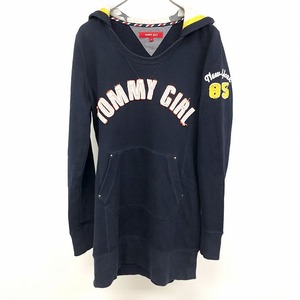 TOMMY GIRL トミーガール S レディース プルオーバー スウェットワンピース チュニック パーカー 後付けフード 裏毛 ロゴ 長袖 ネイビー 紺