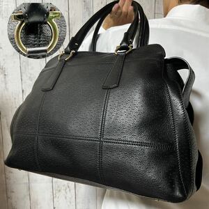 極美品/A4可●フェラガモ Salvatore Ferragamo メンズ ビジネス トートバッグ ハンド ブリーフ PC 肩掛け ガンチーニ レザー ブラック 黒