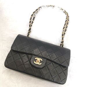 【極美品】CHANEL シャネル マトラッセ ショルダーバッグ ラムスキン Wフラップ ブラック ココマーク ゴールド金具 シール&カード有り