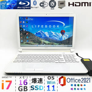 驚速i7【メモリ16GB+爆速新品SSD】Core i7-3.30GHz/Windows11/Office2021/人気富士通ノートパソコン/Blu-ray/Webカメラ/Bluetooth/筆ぐるめ